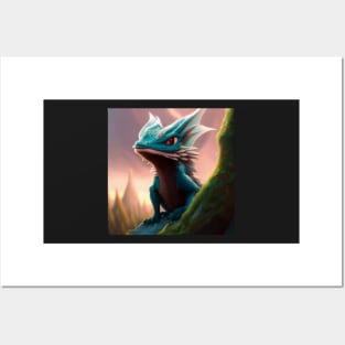 Baby Cyan Dragon Climbing a Rock in the Mountains Posters and Art